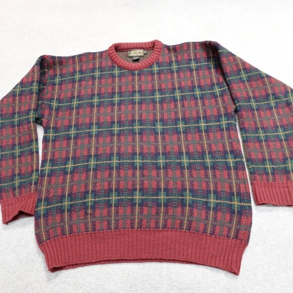 Vintage Eddie Bauer Sweater Large Red Green Plaid 100% Wool - Picture 1 of 8